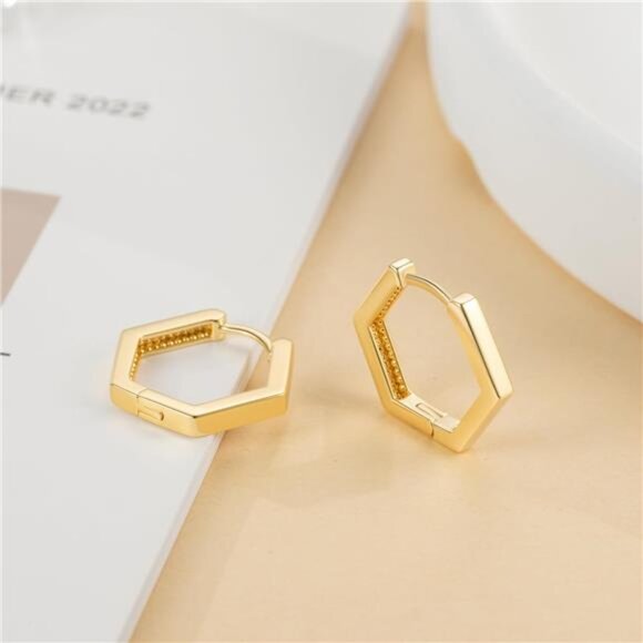 14K Gold Hexagon Hoop Earring, Geometric Gold Hoops, Gold  14K Gold Hoop for Women in Hexagon Styles Delicate Simple Thick Gold Trendy